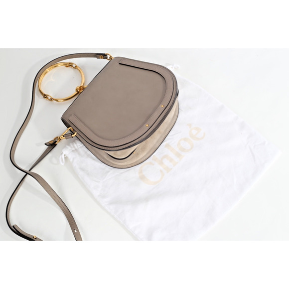 Chloe Nile Medium Bracelet Bag Motty Gray Calf Leather Logo Shoulder Crossbody - Picture 11 of 16